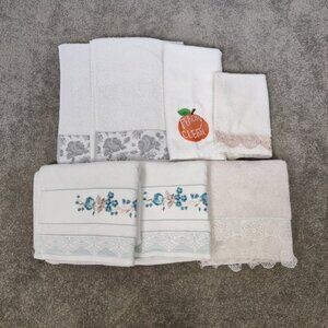 Elegant Decorative Towel Set of 7 - Embroidered Lace Trimmed